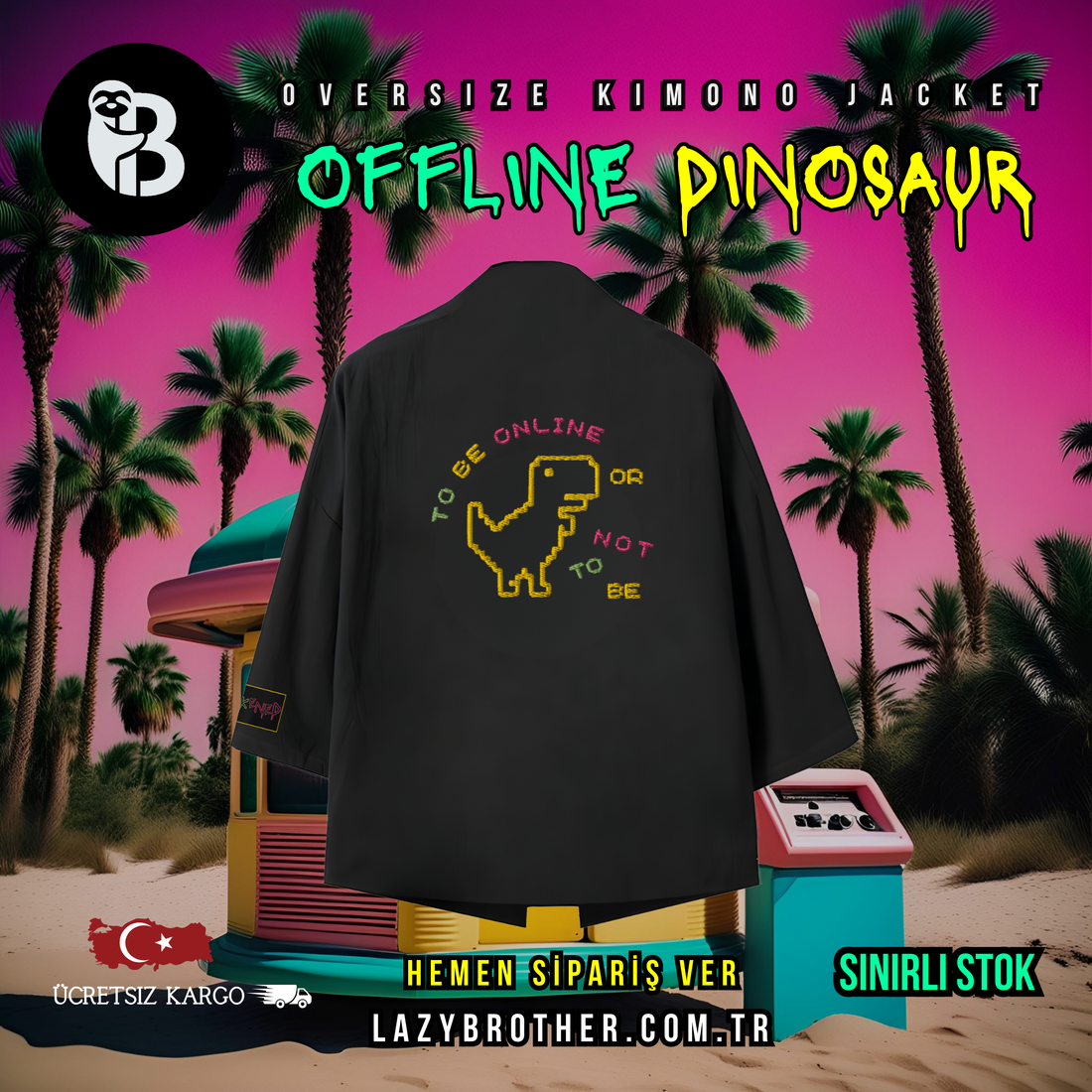"Offline Dinosaur" Nakışlı Unisex Oversize Kesim Kimono Ceket 🦖🛜