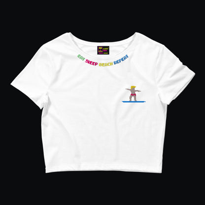 Beyaz Nakışlı Mini Crop Tişört “Beach”