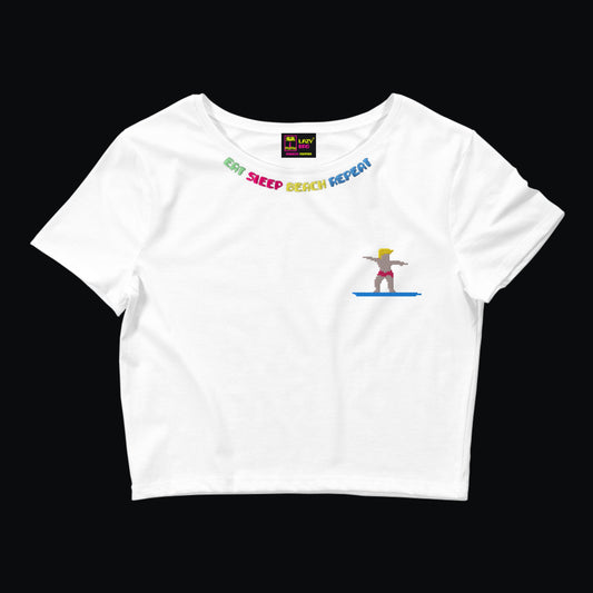 Beyaz Nakışlı Mini Crop Tişört “Beach”