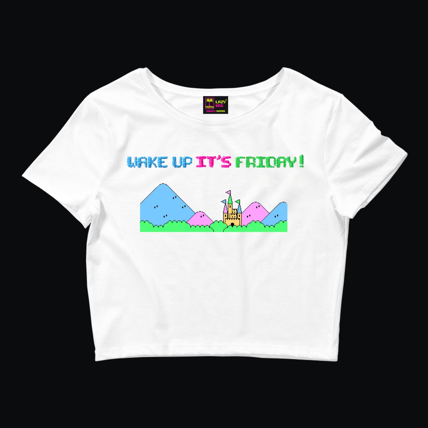 Beyaz Nakışlı Baskılı Crop Tişört “Wake Up It’s Friday