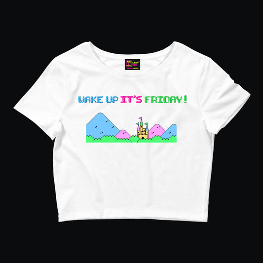 Beyaz Nakışlı Baskılı Crop Tişört “Wake Up It’s Friday