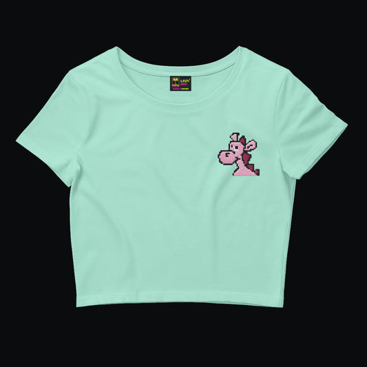 Nakışlı Mint Yeşili Mini Crop Tişört “Pink Dragon”
