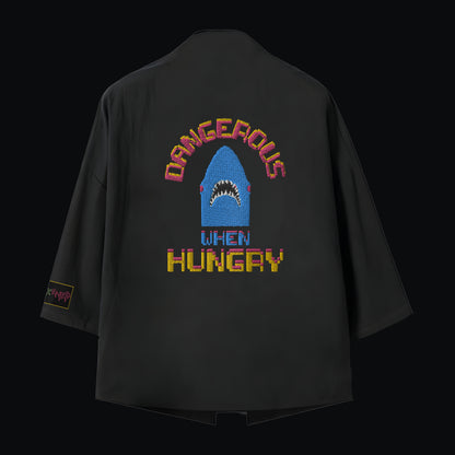 Nakışlı Siyah Unisex Oversize Kimono Ceket “Hungry Shark”