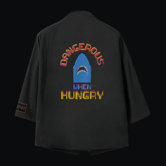 Nakışlı Siyah Unisex Oversize Kimono Ceket “Hungry Shark”