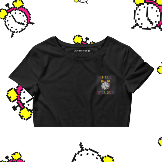 Nakışlı Siyah Oversize Kesim Crop Tişört "Chill O'clock"