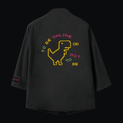 Nakışlı Siyah Unisex Oversize Kimono Ceket “Offline Dinosaur”
