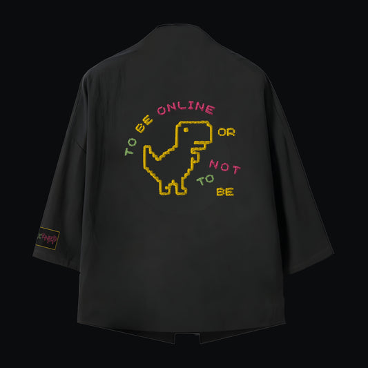 Nakışlı Siyah Unisex Oversize Kimono Ceket “Offline Dinosaur”