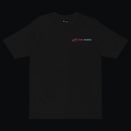 Sırt Baskılı ve Nakışlı Siyah Oversize Tişört “Stay Awake”