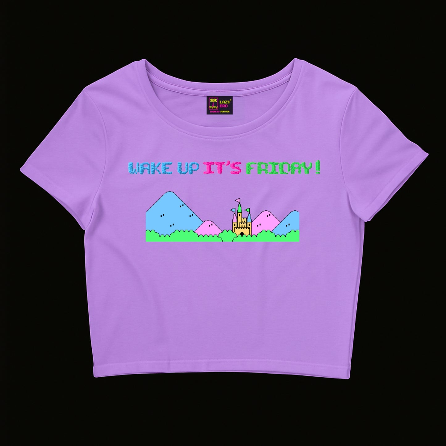 Nakışlı & Baskılı Lila Crop Tişört “Wake Up, It’s Friday”