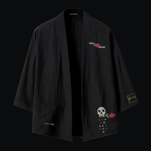 Nakışlı Siyah Unisex Oversize Kimono Ceket “Heartbreaker”