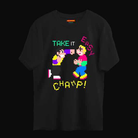 Göğüs ve Sırt Baskılı Siyah Unisex Oversize Tişört “Champ”