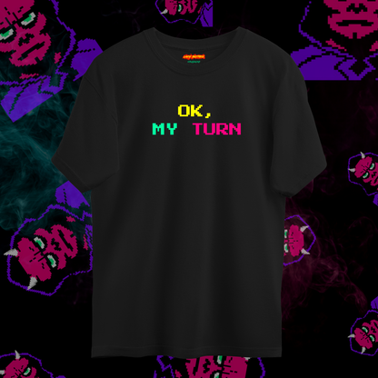 Göğüs ve Sırt Baskılı Siyah Unisex Oversize Tişört “My Turn"