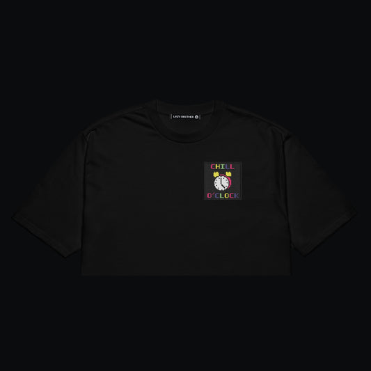 Nakışlı Siyah Oversize Crop Tişört “Chill O’clock”