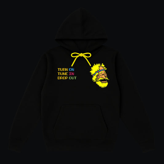 Oversize Uzun Kollu Baskılı & Nakışlı Siyah Unisex Kapüşonlu Sweatshirt “Tune In”