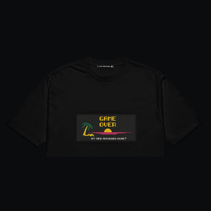 Nakışlı Siyah Oversize Crop Tişört “Game Over”