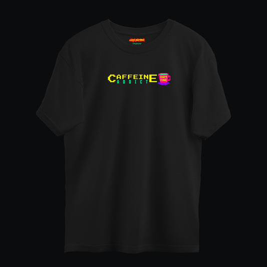 Göğüs ve Sırt Baskılı Siyah Unisex Oversize Tişört “Caffeine Addict”