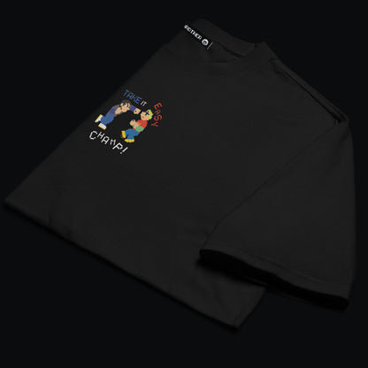 Nakışlı Siyah Unisex Oversize Tişört “Champ”